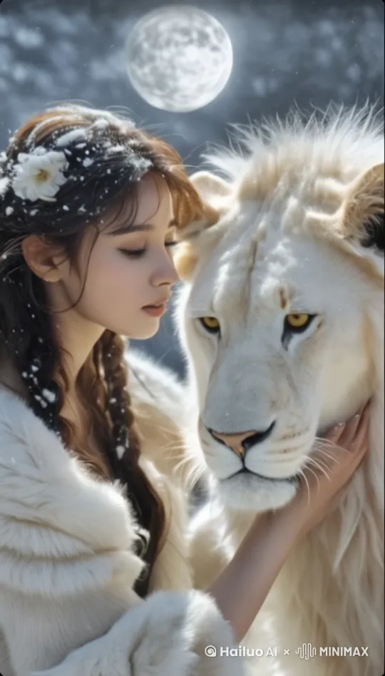 大雪中，少女和白狮子的写真，两 者眼神交汇，美女轻抚白狮子的鬃 毛，在月光下展现出和谐与亲密。 by Hailuo AI Video Generator