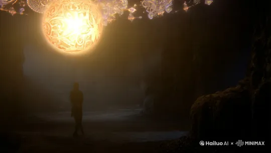神秘的光团悬浮在半空，周围围绕着一圈又一圈的神秘字符，不远处一个背着手的人影慢慢靠近 by Hailuo AI Video Generator