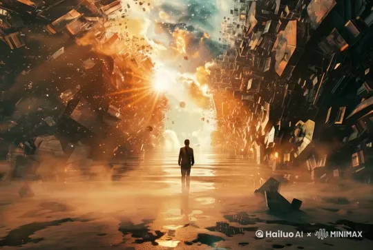 镜头10: Video Prompt: Wide silhouette walking on ocean horizon with shattered maze debris, golden hour backlight --ar 16:9 --v 6 Key Frame: 广角剪影踏浪而行,破碎迷宫墙体,金色逆光
by Hailuo AI Video Generator