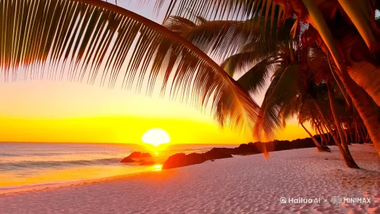 金色的夕阳悬于海天相接之处,将余晖毫不吝啬地倾洒在洁白沙滩上,沙子被染成暖橘色,光脚踩上去,柔软又温热。椰林在海风轻抚下沙沙作响,修长的叶片随风摇曳,投下一片片斑驳树影。不远处,海浪层层叠叠地涌向岸边,撞碎在礁石上,溅起晶莹的白色浪花,泛起一圈圈温柔的涟漪。海面上,波光粼粼,几艘帆船正缓缓归港,船身被夕阳镀上一层金边,勾勒出一幅如梦似幻的画面。 by Hailuo AI Video Generator