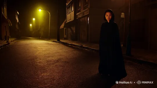 在一条昏暗的街道上，路灯散发着昏黄的光。一个身着黑色斗篷的中国年轻美女缓缓走着，她的身影在昏暗中若隐若现。随着她的脚步，女人的身体开始慢慢缩小，斗篷逐渐滑落。最终，斗篷落在地上，而斗篷下面出现了一只可爱的猫咪，它好奇地四处张望。摄像机从远处跟随女人，然后聚焦在猫咪身上。周围的环境寂静而神秘，充满了奇幻的氛围。电影拍摄，写实 by Hailuo AI Video Generator
