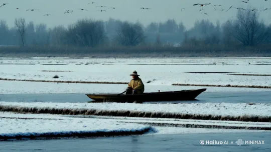 千山鸟飞绝，万径人踪灭，孤舟蓑笠翁，独钓寒江雪。〔远景，写实〕 by Hailuo AI Video Generator