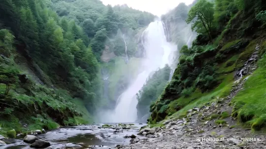 超宽屏16:9][电影级画质8K] 超现实主义拍摄，
在有小溪和瀑布的山谷中拍摄，山谷带点雾气，[下摇,推进]先俯冲瀑布，[推进]然后沿小溪前行，镜头推进速度要很快，采用动态限随视角，保持3米距离同步拍摄。 by Hailuo AI Video Generator