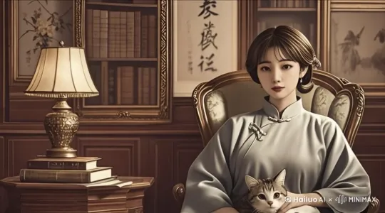 一边抚摸猫咪，一边对着屏幕轻声说话 by Hailuo AI Video Generator