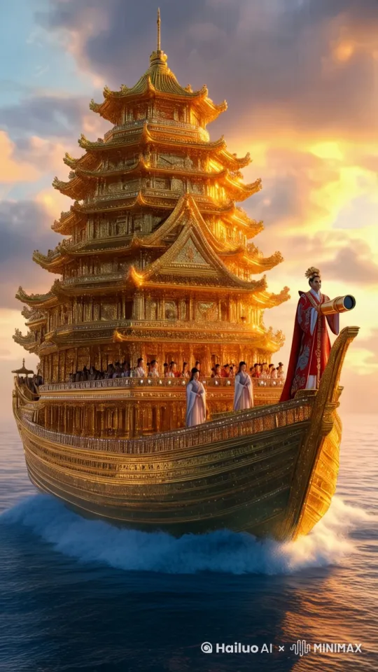宝船快速的前行，船上的人在观看晚霞的美丽。霞光迸发，彩云移动，海浪轻涌。大师快速旋转运镜，尽显宝船风彩。画面帧帧美丽漂亮，3D立体渲染，8k高清电影大片质感。 by Hailuo AI Video Generator