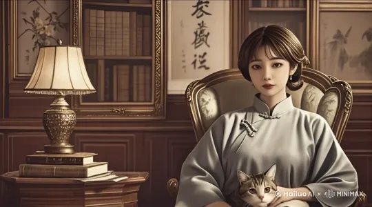 一边抚摸猫咪，一边对着屏幕轻声说话 by Hailuo AI Video Generator