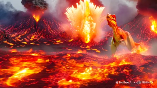 火焰追逐场景
画面效果：
一只“火龙”恐龙在火山喷发的烟雾中快速移动，背景是喷涌的岩浆和翻滚的熔岩。
使用粒子效果或动态渐变来增强视觉冲击力。 by Hailuo AI Video Generator