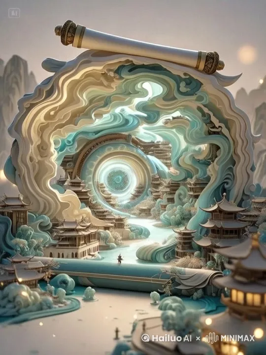  中心点缓缓发光，镜头由近到远，水向中心的圆缓缓流动的动态感 by Hailuo AI Video Generator