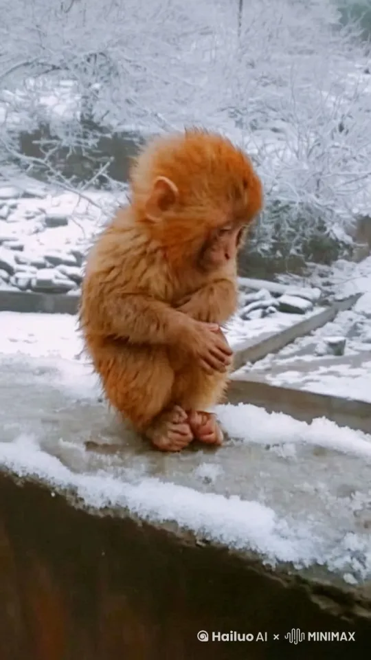 小猴子，在冰雪飘舞的天气里，瑟瑟发抖，猴子大哭了起来。 by Hailuo AI Video Generator