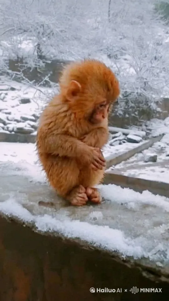 小猴子，在冰雪飘舞的天气里，瑟瑟发抖，猴子大哭了起来。 by Hailuo AI Video Generator