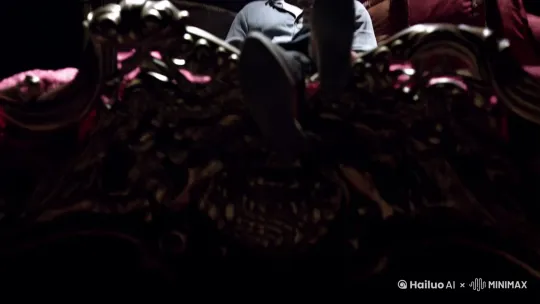 镜头从一片昏暗环境的低机位地面镜头开始,缓缓前推并上升,随着镜头的上升,画面中出现一张奢华的大床,镜头继续上升,拍摄到床上昏暗的环境里坐着一个正对镜头的男人,这个人的面部被一束顶光照亮,口中叼着着一朵鲜红的玫瑰,画面构图和明暗色彩类似《教父》。 by Hailuo AI Video Generator