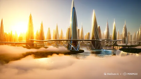 夕阳下的天空之城流水 by Hailuo AI Video Generator