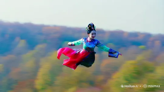 无人机视角，背景动态模糊，一个高速移动的画面，画面中央是穿着国风汉服的女人凌空飞行 by Hailuo AI Video Generator