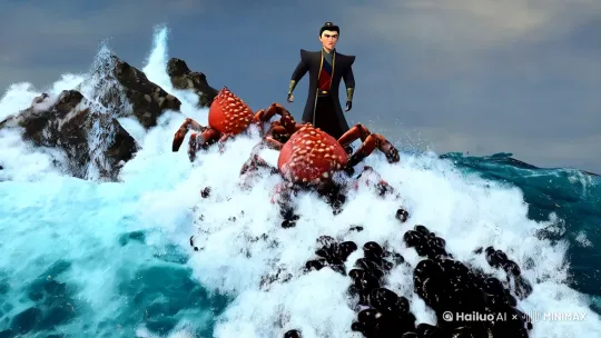海水裹挟着黑色黏液拍打礁石，敖丙站在浪尖看着那些爬上码头的巨蟹。它们的甲壳上布满脓包状凸起，螯钳滴落着墨汁般的液体，在青石板上腐蚀出缕缕白烟。

"三太子，西海送来的血珊瑚又死了一批。"巡海夜叉的声音从传音螺里传出，"南海龟丞相说...咳咳...说龙宫东殿的避水罩开始渗漏了。"

敖丙握紧冰凌珠，寒霜顺着指缝蔓延。他看见远处城墙上跃动的火光，那个踩着风火轮的影子正在将发狂的巨蟹引向海面。混天绫扫过之处，黑色脓液在空中凝结成冰晶。

"告诉父王，我去取最后那株千年火珊瑚。"敖丙化作龙形冲出海面，龙爪撕开翻滚的毒浪。咸涩的海风里混着刺鼻的硫磺味，这让他想起三百年前在昆仑山封印相柳时闻到的气息。

陈塘关城楼上，殷夫人的长剑正抵住申公豹的咽喉。"你们截断入海河道，把炼器废料倒进归墟，当龙宫是垃圾场么？"

"夫人此言差矣。"申公豹的豹尾卷起案上舆图，"东海泉眼连着天河，要论源头..."他突然扬手撒出把金沙，舆图中腾起九条墨龙扑向守军。城垛瞬间爬满青黑色藤壶，士兵们的铠甲发出令人牙酸的腐蚀声。

火尖枪破空而来，在哪吒掌中旋转成赤金轮盘。混天绫缠住即将崩塌的箭楼，他翻身跃到母亲身前："老豹子，小爷的乾坤圈最近正缺个挂饰！"

海天相接处突然炸开万丈霞光。太乙真人骑着仙鹤掠过战场，酒葫芦里倾泻出的琼浆化作细雨。发狂的巨蟹在雨中褪去黑斑，露出原本青玉般的甲壳。敖丙趁机将冰凌珠投入漩涡中心，冻结了正在扩散的毒潮。

"师父！这些螃蟹..."哪吒接住一只恢复清醒的小蟹，发现它钳子上还挂着半截银色锁链。

"九转金丹的残渣。"太乙真人用拂尘挑起锁链，末端莲花纹在月光下泛着诡异紫光，"能在海底养出这等毒物的，除了三十三重天兜率宫的炉灰..."

惊雷般的龙吟打断了他的话。四海龙王现出真身盘踞云层，东海龙王爪中握着的珊瑚树正不断渗出黑血。西海龙王展开的鳞片上，暗红色纹路如同燃烧的符咒。

"李总兵可知这是何物？"南海龙王吐出一颗明珠，光影中浮现出海底炼狱——成千上万的水族在毒液中翻滚，它们的骨骼正在结晶成血色珊瑚。

敖丙的龙角突然发出嗡鸣，他看见哪吒手腕内侧的莲花胎记亮起金光。混天绫与冰凌珠同时飞向空中，交织成太极图案笼罩海面。被净化的潮水中，隐约浮现出天河倒灌的幻影。 by Hailuo AI Video Generator