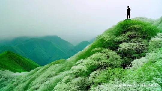 水墨风格画面，远景是青山绵延，新绿初绽，一人站于山巅极目远眺。中景为一片葱郁树林，有个人在其间缓步行走，身旁云雾缭绕。近景是屋内桌上，摆放着一碗热气腾腾的粥。整体色调淡雅，以墨色与淡绿为主，展现春日悠然氛围 。 by Hailuo AI Video Generator