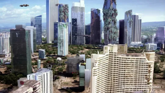 [左移,上升]现代都市，高楼林立，但是都收到过炮火攻击。
[下降,上摇]五个被树根寄生的恐怖机器人，猎杀大量的人类。现场狂轰滥炸。 by Hailuo AI Video Generator