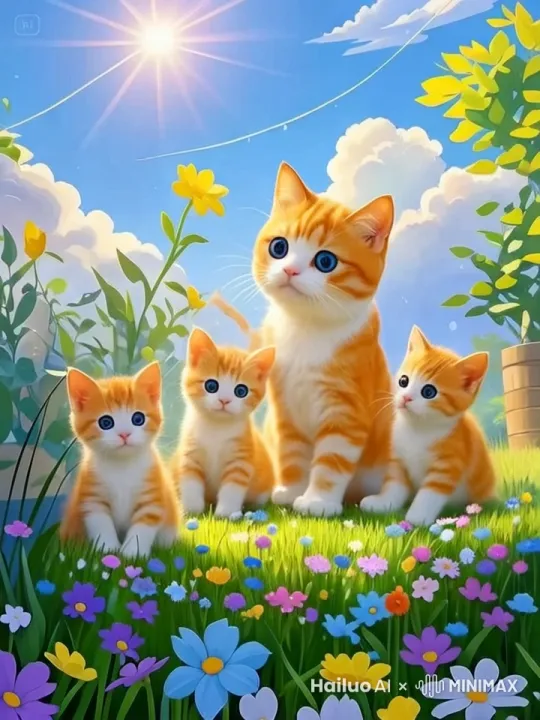 猫妈妈摸摸在草地上相互玩耍的猫宝宝 by Hailuo AI Video Generator