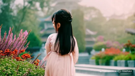 多镜头一个身穿汉服的绝美少孩转身回眸一笑百媚生，场景梦幻华丽 by Hailuo AI Video Generator