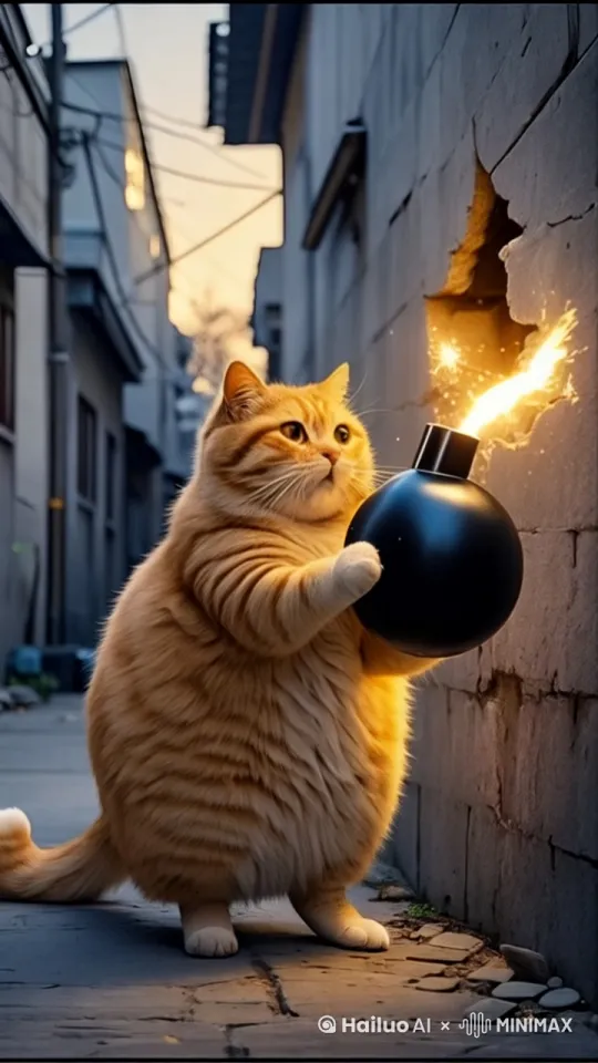 电影级叙事摄影风格，高清，图片上的橘猫，眼神狡黠，正将一颗引燃的雷扔入图片上砖墙的破洞。雷球在空中划过一道耀眼轨迹，瞬间消失于洞内。橘猫四肢敏捷，肌肉紧绷，仿佛蓄势待发的弹簧，一刹那后，它猛然转身，以闪电般的速度逃离现场。紧接着，雷球在墙洞内轰然爆炸，一团炽热的火焰与滚滚浓烟喷涌而出，照亮了周围斑驳的砖墙，光影交错间，城市的午后景色被赋予了新的生命力。一群惊恐万状的老鼠仓皇从洞口逃窜而出，它们四处奔逃，寻找避难所，爆炸后橘猫又返回来抓逃跑的小老鼠。画面充满了紧张的戏剧性和生动的动感，背景是图片背景，营造出一种神秘而略带危险的氛围。近景镜头，多角度捕捉爆炸瞬间与动物们的生动反应，猫抓老鼠瞬间，每一个细节都透露出故事的张力。 by Hailuo AI Video Generator