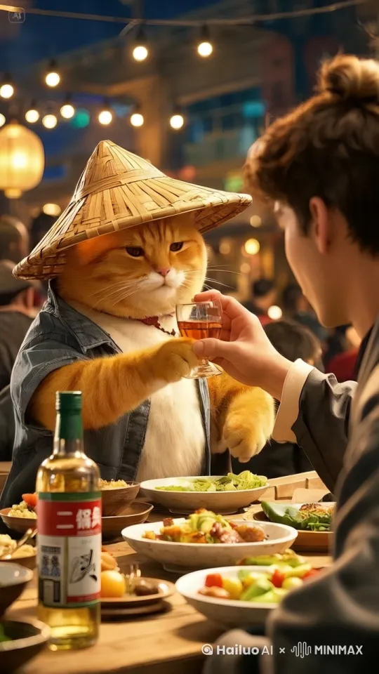 图片主题动态呈现，自然，胖橘猫和小伙在划算喝酒，镜头动起来，保持主体不变形，不突兀。 by Hailuo AI Video Generator