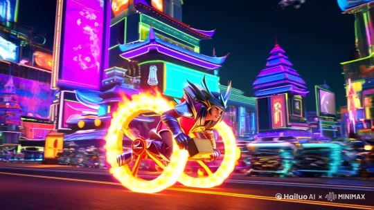 主题：魔童哪吒外卖奇遇记——赛博都市风火轮狂飙
风格：魔童哪吒在赛博都市中使用风火轮送外卖 by Hailuo AI Video Generator