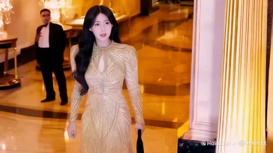 中景拍摄，女人身着华丽的金色裙子，飒爽的走进一家酒店，酒店的服务员热情迎接，女人和对面的男人交谈了几句 by Hailuo AI Video Generator