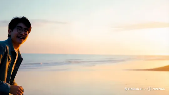 宁静的黄昏下,夕阳的余晖温柔地洒满了整个沙滩,仿佛为大地披上了一层金色的薄纱。镜头从远景慢慢推进海边的沙滩,镜头逐渐拉进一个人尽情地奔跑,身后不远处,一只黄色的拉布拉多犬紧紧跟随着他,兴奋地追逐着,尾巴摇得像一面欢快的小旗。慢慢的一个人和一条狗转身背对镜头望向夕阳,夕阳的温暖光芒将他们的影子拉得长长的,仿佛时间在这一刻凝固,只剩下无尽的快乐与自由。海风轻轻拂过,带来一丝咸咸的清新气息,仿佛在为这场追逐增添一份自然的伴奏。 by Hailuo AI Video Generator