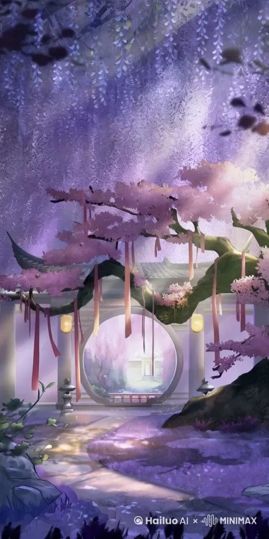 画风不变，树木紫藤花摇晃，光影变幻，建筑景深，梦幻 by Hailuo AI Video Generator