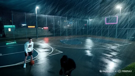 镜头1（俯视广角） 
暴雨将至的黄昏街头球场，铁丝网围栏被狂风吹动（开启动态模糊特效）
 ▶️AI提示词：wet asphalt, neon light flickering, low-angle storm clouds 
镜头2（角色特写×2） 
左侧白卫衣球员（代号"孤狼"）拍打篮球，右手缠黑色护腕；右侧黑兜帽球员（代号"夜影"）拉起连帽露出机械义眼（科幻元素）
 ▶️AI动作指令：close-up sweat dripping, cybernetic eye zoom-in glow by Hailuo AI Video Generator
