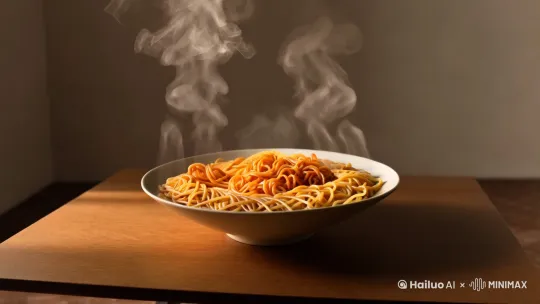 桌子上有一碗冒着热气的面条，突然碗里的面条变成了一条由面条组成的蛇 by Hailuo AI Video Generator