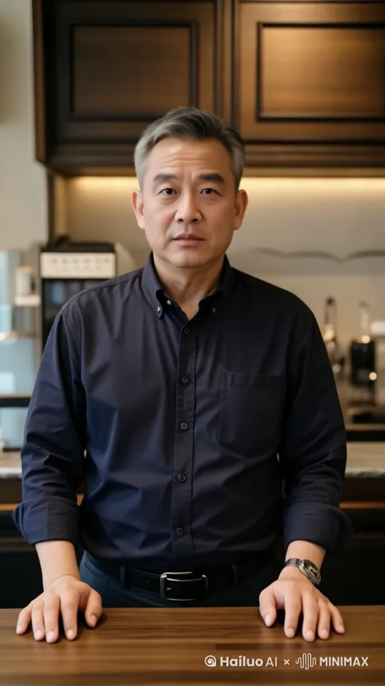 固定镜头，中年男性眼睛盯着镜头，平视镜头，和镜头聊天，丰富的演讲表情，单手抬起再放下 by Hailuo AI Video Generator