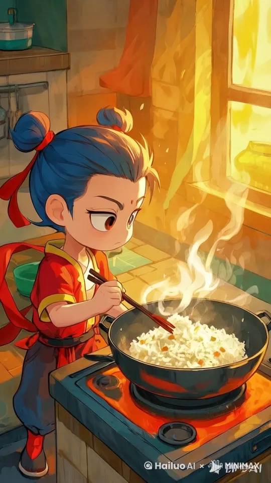 镜头移动，动态跟随，哪吒在翻炒锅里的炒饭，动作娴熟。 by Hailuo AI Video Generator
