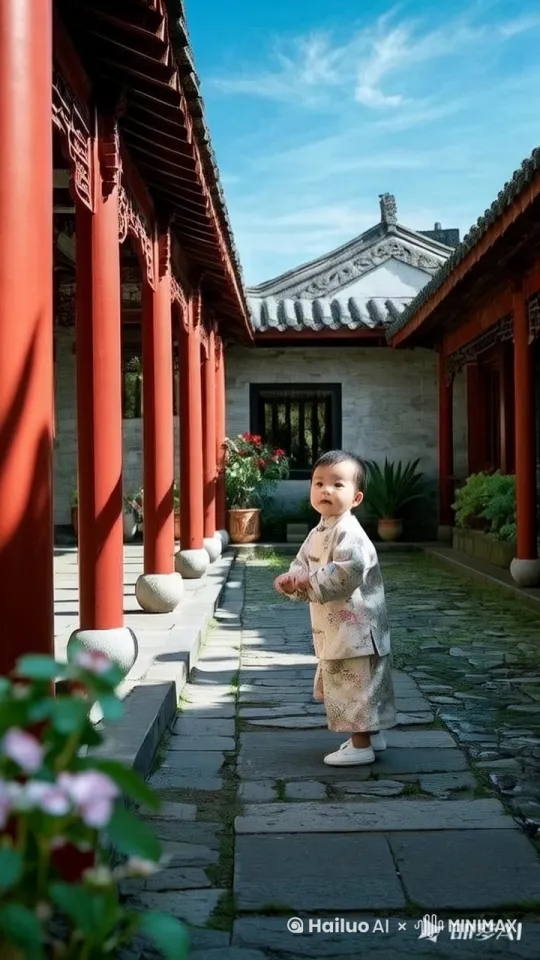 镜头移动，动态跟随，婴儿转身用中国轻功抓着墙面向上快速攀爬，手脚并用，爬上屋顶，飞檐 by Hailuo AI Video Generator