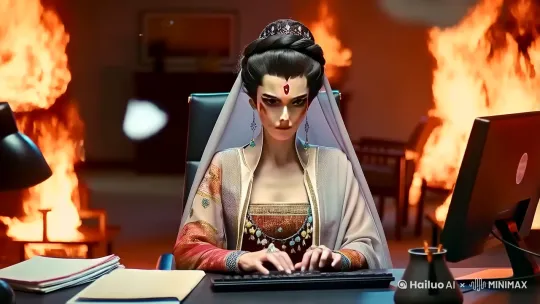 镜头从一张办公桌前缓缓上升，拍摄到办公桌上电脑后方的人，人身后的办公室内内正在燃烧着熊熊大火，一些废纸在屋内飘动。随着镜头移动，摄像机聚焦于电脑前的人，可以看见人后方虚化的房屋中的火焰，坐在电脑前的人面部被电脑的屏幕光照亮，表情自然，面带微笑地敲击键盘，和后方的混乱形成对比。 by Hailuo AI Video Generator
