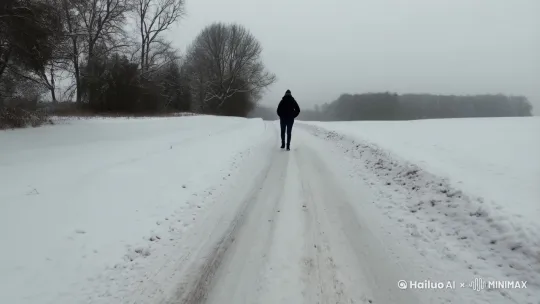 [推进,上升]鹅毛大雪一个人走在乡间的小路上 by Hailuo AI Video Generator