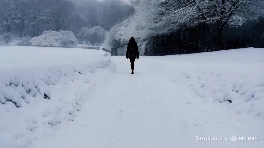 [推进,上升]下鹅毛大雪一个人走在乡间的小路上 by Hailuo AI Video Generator