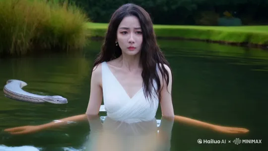 在水里发现一条蛇,吓得美女惊慌跑出水里. by Hailuo AI Video Generator