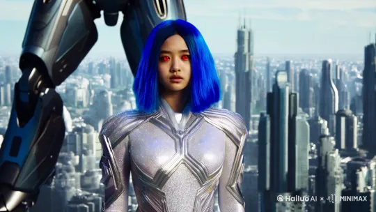 18岁性感白人女孩，身高1.7米。 blue short hair,真实发质并带有光辉效果， red eyes。 外貌特征：参照新世纪福音战士造型。生物化设计： 珠光色贴身式机甲战斗服。 战斗服表面可能有细微的纹路和光泽效果。 背景设定： 在一个未来感十足的科技城市中， [下降,上摇]她面向高科技战机。姿势和表现：抬头望向天空 ，慢慢伸出右手，握拳，身姿优雅而稳健。 显示正在注意力集中或进行战斗准备的状态。 by Hailuo AI Video Generator