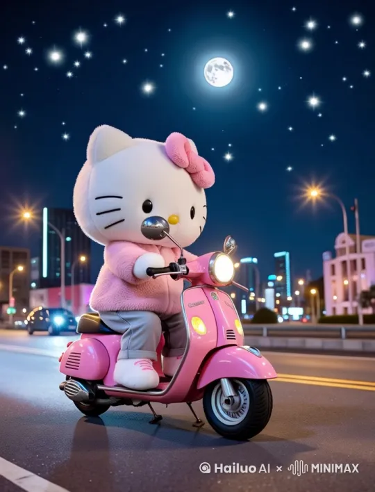 3D卡通Hello Kitty玩偶（超精细毛发渲染/毛绒材质反光/粉色渐变外套发光），骑乘粉色渐变摩托（车身流动光效/爱心飘带粒子跟随/车灯动态聚光灯），执行连续动作：起步加速（轮胎火星）→ 漂移过弯（车身倾斜角度15°）→ 紧急刹车（地面摩擦烟雾）

未来感霓虹城市夜景（赛博朋克建筑轮廓/全息广告投影/动态光污染效果），深蓝色夜空（密集星云+发光体轨迹），飘落樱花花瓣（半透明粒子+重力下落动画），地面反光车道线（运动模糊强化）

0-3秒：引擎轰鸣启动（车灯脉冲式闪烁）→ 4-6秒：高速漂移（背景景深虚化）→ 7-9秒：飞跃路障（空中翻滚姿态/衣物褶皱动态）→ 10-12秒：胜利手势（口型同步电子音效）
超现实赛博美学/胶片颗粒质感/动态模糊速度控制(1.2x)/冷暖色调交替照明（粉紫主光+青蓝补光）/景深层次强化（前景清晰/背景梦幻）
腿部肌肉紧绷加速/手指精准操控车把/风吹动毛发飘动 by Hailuo AI Video Generator