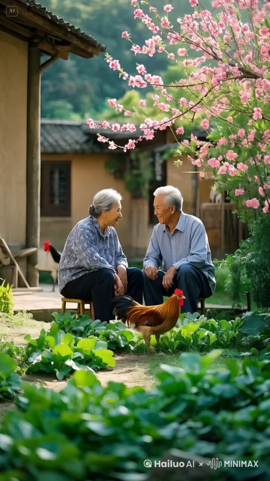一对老年夫妇坐在古朴的农家小院中，相视而谈，互相微笑着，身体动作和嘴巴动作协调。温馨画面，体现出岁月静好，安逸，幸福的画面感，电信感 by Hailuo AI Video Generator