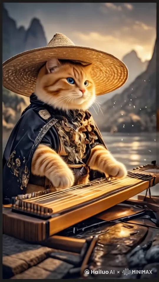 橘猫双手在弹着古琴，镜头围绕主体微微运镜，表情陶醉 by Hailuo AI Video Generator