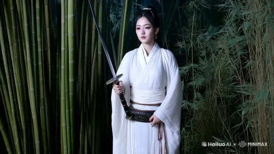 竹林深处，白衣剑客收剑入鞘，惊落的竹叶在月光中缓缓飘坠，主角表情严肃，镜头由远及近定格在主角脸上 by Hailuo AI Video Generator
