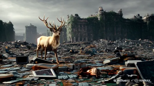 [右移,左摇,跟随]A vast land filled with discarded technological waste, like broken circuit boards, rusted robots, and shattered screens stretching as far as the eye can see. In the center, a majestic deer with an aura of holiness, its fur shimmering with a soft, ethereal light, antlers branching out like natural sculptures. The deer is walking slowly and gracefully, with its head raised high. In the background, huge abandoned buildings loom, their once grand structures now crumbling and overgrown with vines. The sky is a dull gray, casting a desolate atmosphere over the scene. The style should be highly detailed and realistic, with a touch of surrealism to emphasize the contrast between the technological waste and the sacred deer. by Hailuo AI Video Generator