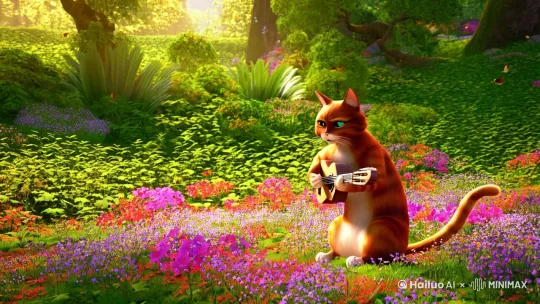 森林  猫咪 弹吉他 阳光 鲜花 by Hailuo AI Video Generator