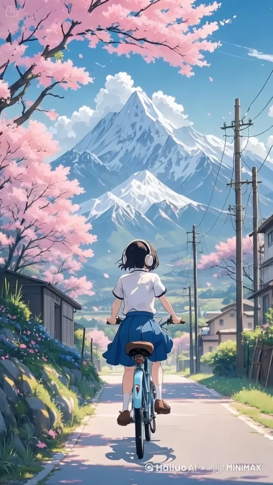 镜头跟随，图片里的女孩快速的向前方骑行，穿梭在乡间小路上，过程自然顺滑，严格按照提示词生成 by Hailuo AI Video Generator