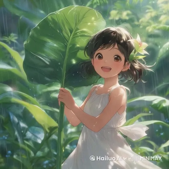 小女孩拿着树叶，听雨滴滴落， by Hailuo AI Video Generator
