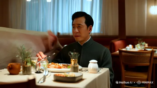 一个男人在餐厅吃饭(镜头从全景切入特写),突然身边跑过来一头肥猪通体雪白,毛色油亮。(镜头特写毛发),男人用手轻轻抚摸猪头,白猪以为要打它用嘴咬住男人手指(镜头特写手部抖动),正在揪扯之际餐厅老板娘出面调解把白猪拉开(镜头特写强调揪扯过程) by Hailuo AI Video Generator