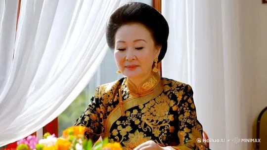 固定镜头，中年中产女人，盘发穿着中国风金黑色上下套装，坐在明亮的客厅桌前插花，对镜头介绍春节习俗，身后白色的窗帘在阳光下轻轻摆动 by Hailuo AI Video Generator