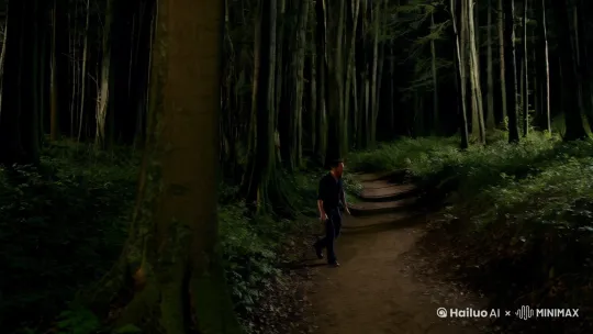 一个男性晚上走在森林深处，前面出现一只霸王龙，男性和霸王龙打起来了。
[下降,上摇] by Hailuo AI Video Generator