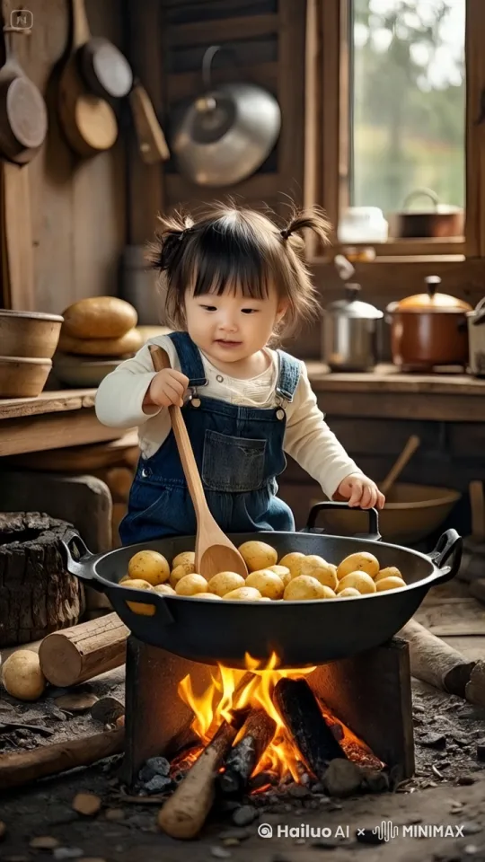 小女孩翻炒着锅里的土豆🥔、锅里的土豆全部都变成了小白兔、小女孩惊讶地张大嘴巴看着、太可爱了 by Hailuo AI Video Generator